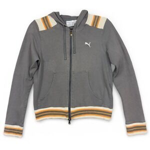 Vintage Y2K Puma Zip Up Hoodie Womens S Grey Orange Striped Track Jacket Hooded